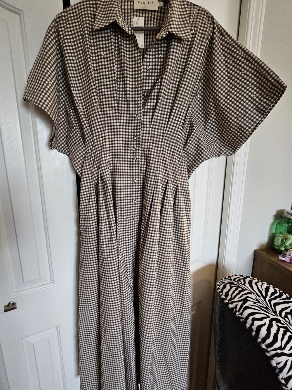 Anthropologie Exquise Tobie Brown Gingham Shirt Dress With Embellishments